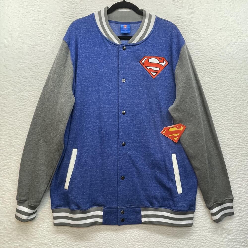 Superman Bioworld Jacket Mens XL Blue Gray Varsity Fleece Snap DC Comics Logo